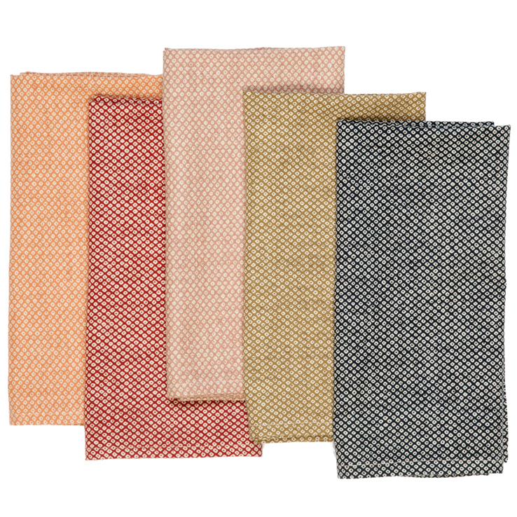 Huddleson Shibori Japanese cotton napkins in Indigo, Olive Green, Dusty Pink, Red and Orange.