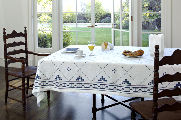 Blue and white tablecloth napkin pure Italian linen Moroccan tile design by Huddleson
