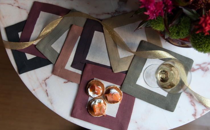Huddleson Pure Linen Cocktail Napkins with Printed Border in Shades of Red, Green, Gold and Black - Holiday Entertaining