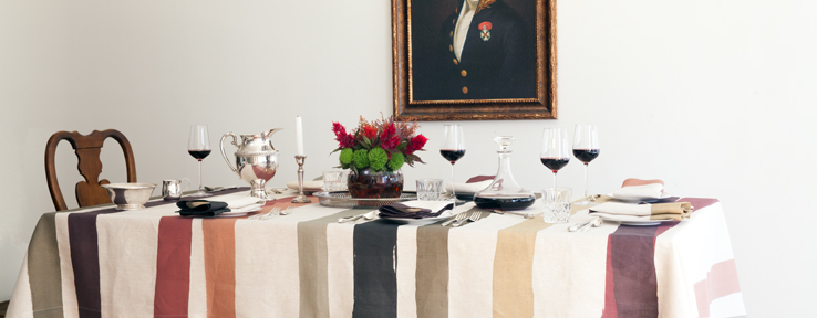 Huddleson Cinta Natural Pure Linen Tablecloth with Stripes in Shades of Red, Green, Gold and Black - Fall Entertaining
