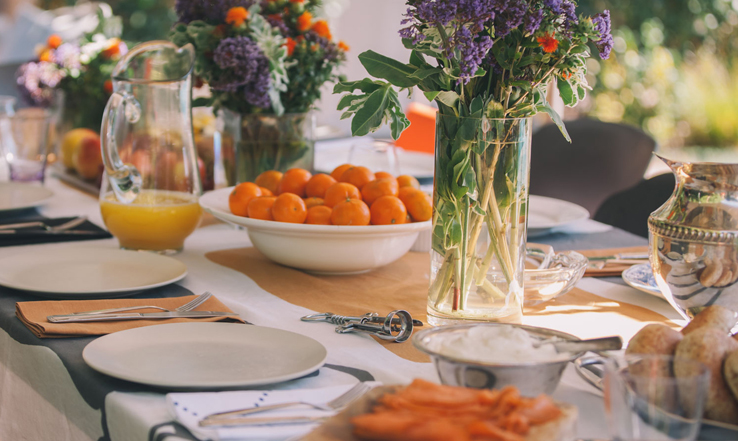 Fall Brunch Table - Huddleson Orange, Purple and Grey Table Setting - Cromford Linen Tablecloth