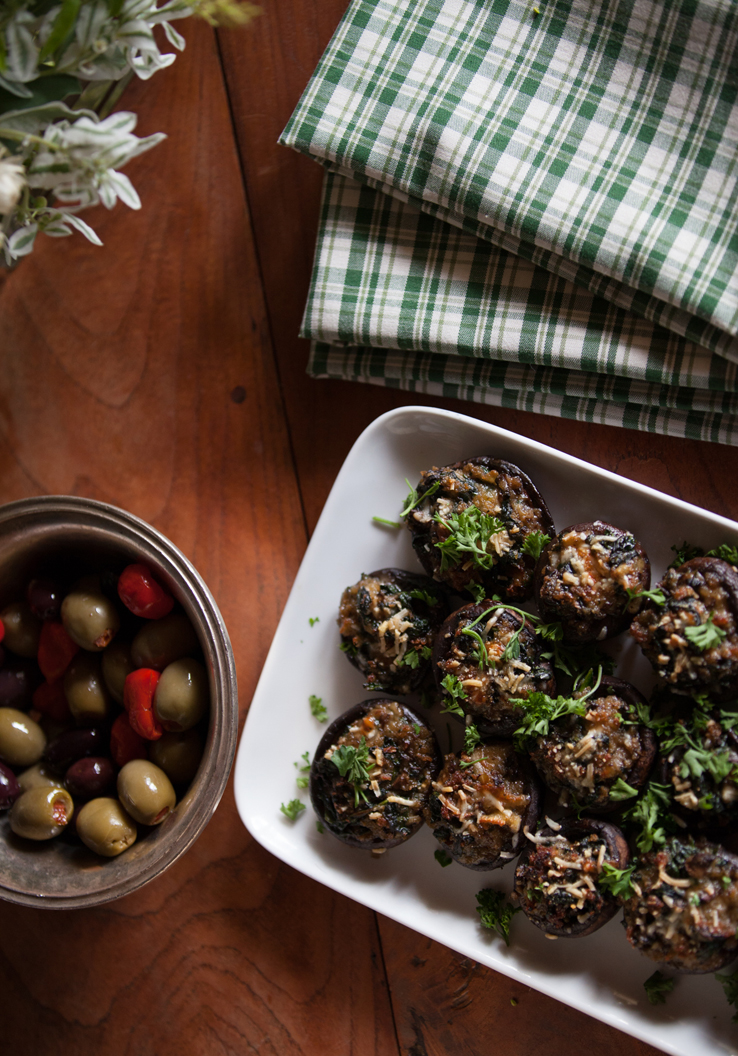 Fall Entertaining With Olives Stuffed Mushrooms and Green and Ivory Check Plaid Napkins