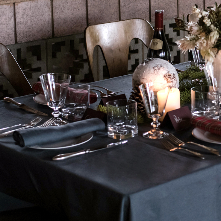 Petrol dark green table linens luxury tablecloth napkin modern holiday table
