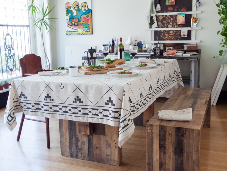 Anfa Natural Linen Tablecloth with Black Moroccan Contemporary Print from Huddleson