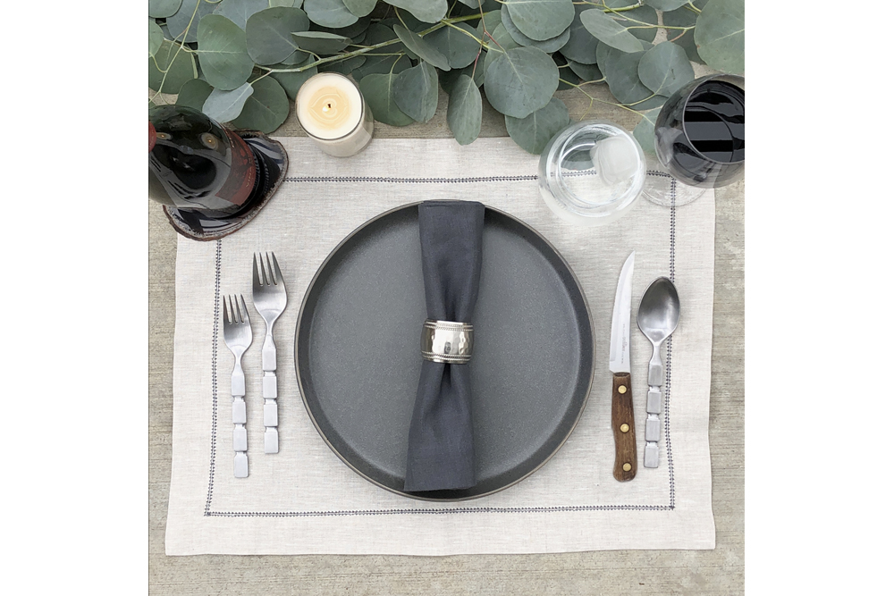Natural Flax Italian Linen Placemat Charcoal Grey Hemstitch