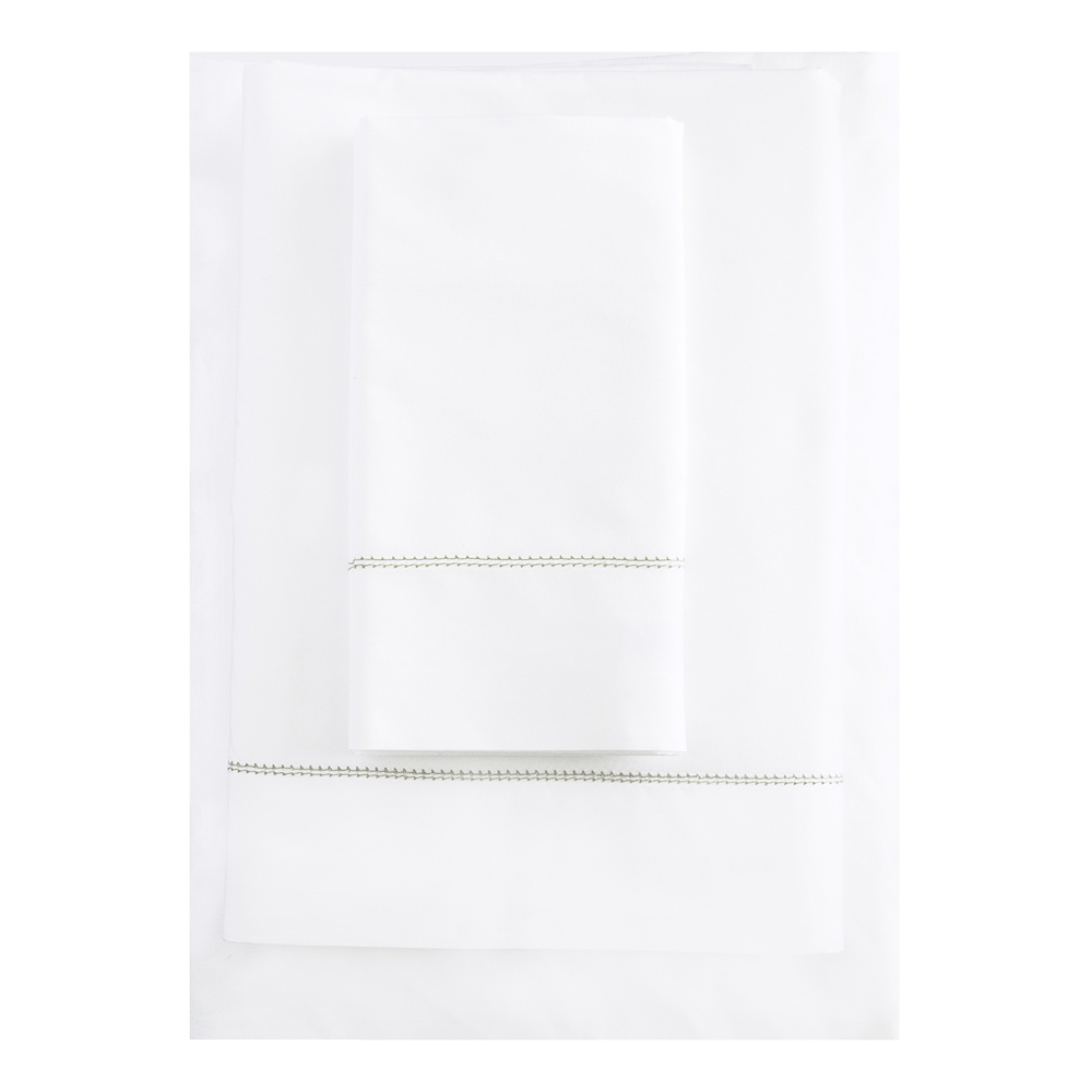 Huddleson white percale sheets with hemstitch. Custom colors available.