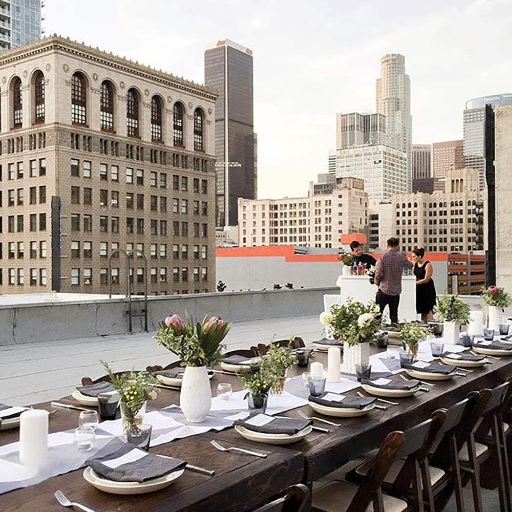 City Dinner Party Alfresco Entertaining Outdoor Party Skyline Table Linens Ceramics Runner Napkins Hosting 