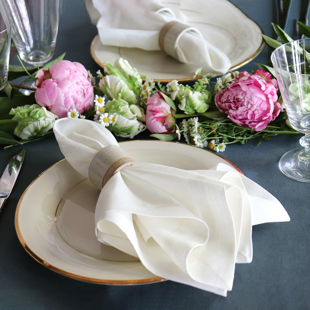 Dark Green Petrol Linen Placemat and Napkin in Ivory Linen