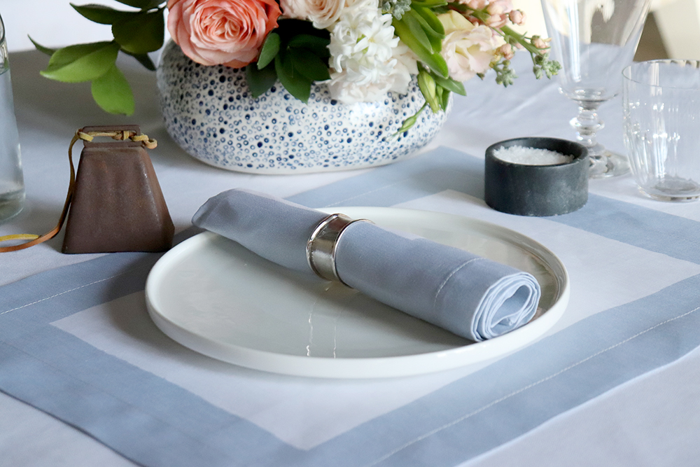 sky blue linens Cinta white placemat with border