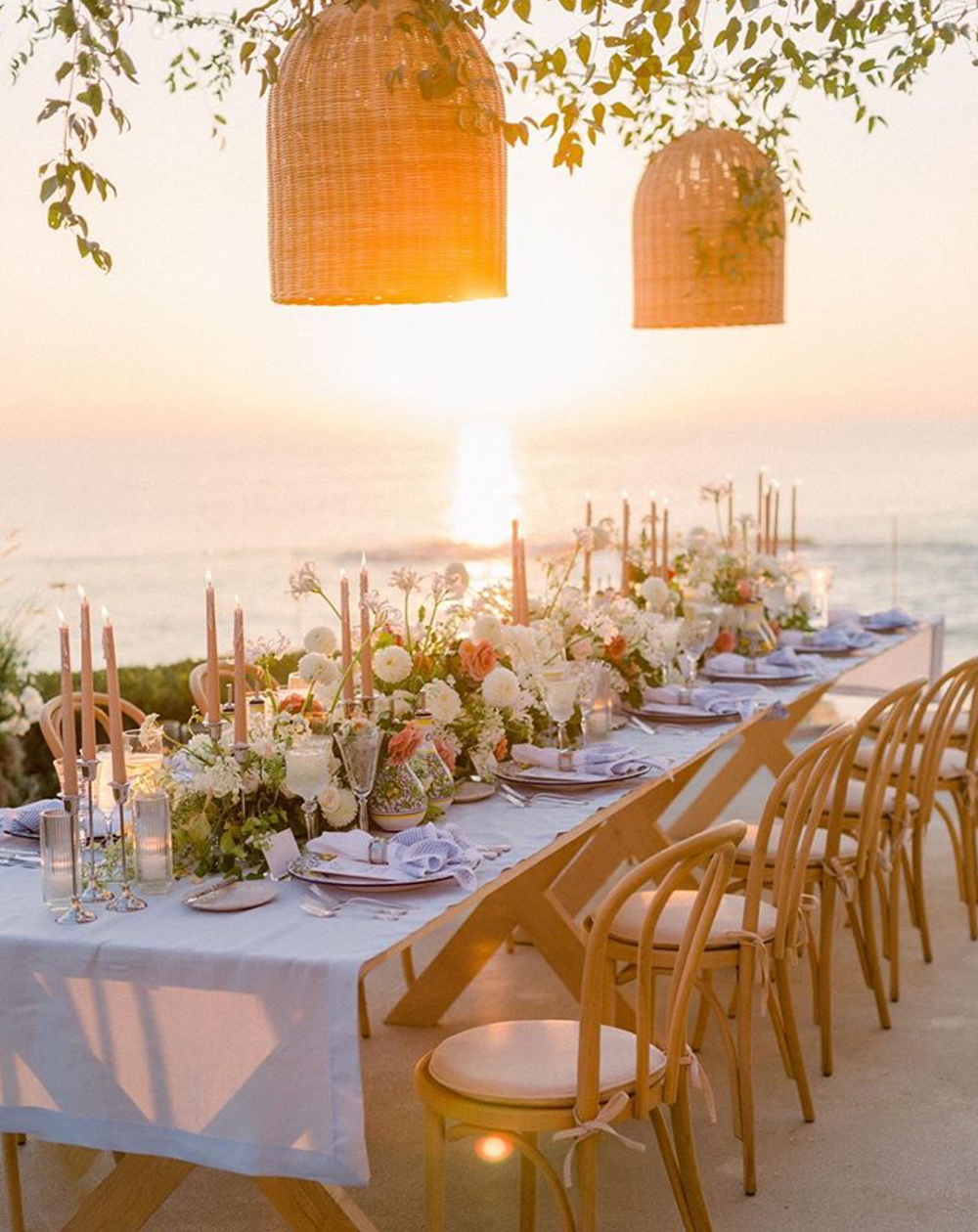 Sky Blue linen tablecloth outdoor wedding beach sunset 