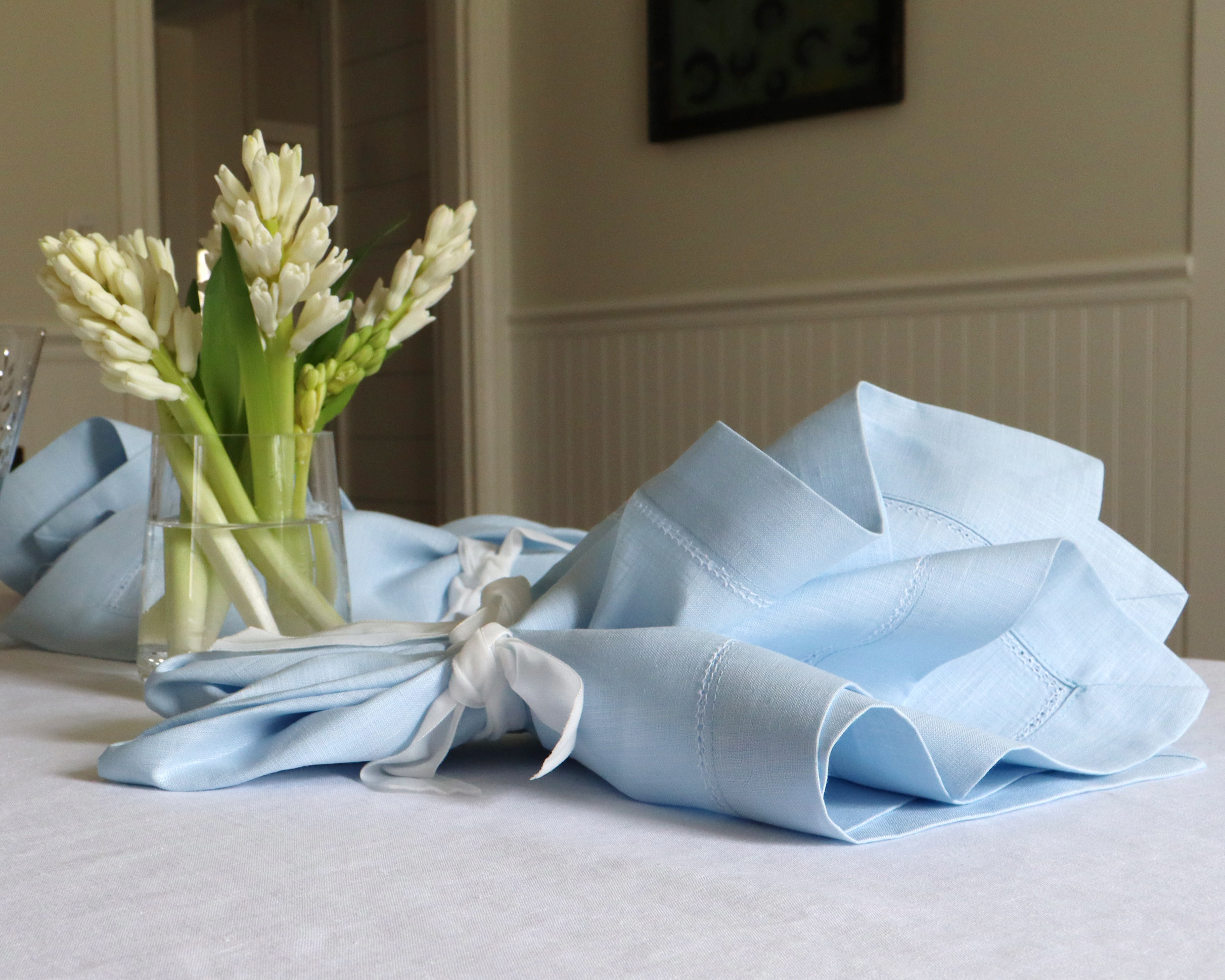 Sky Blue Linen Napkin with Hemstitch Luxury Oversized Dinner