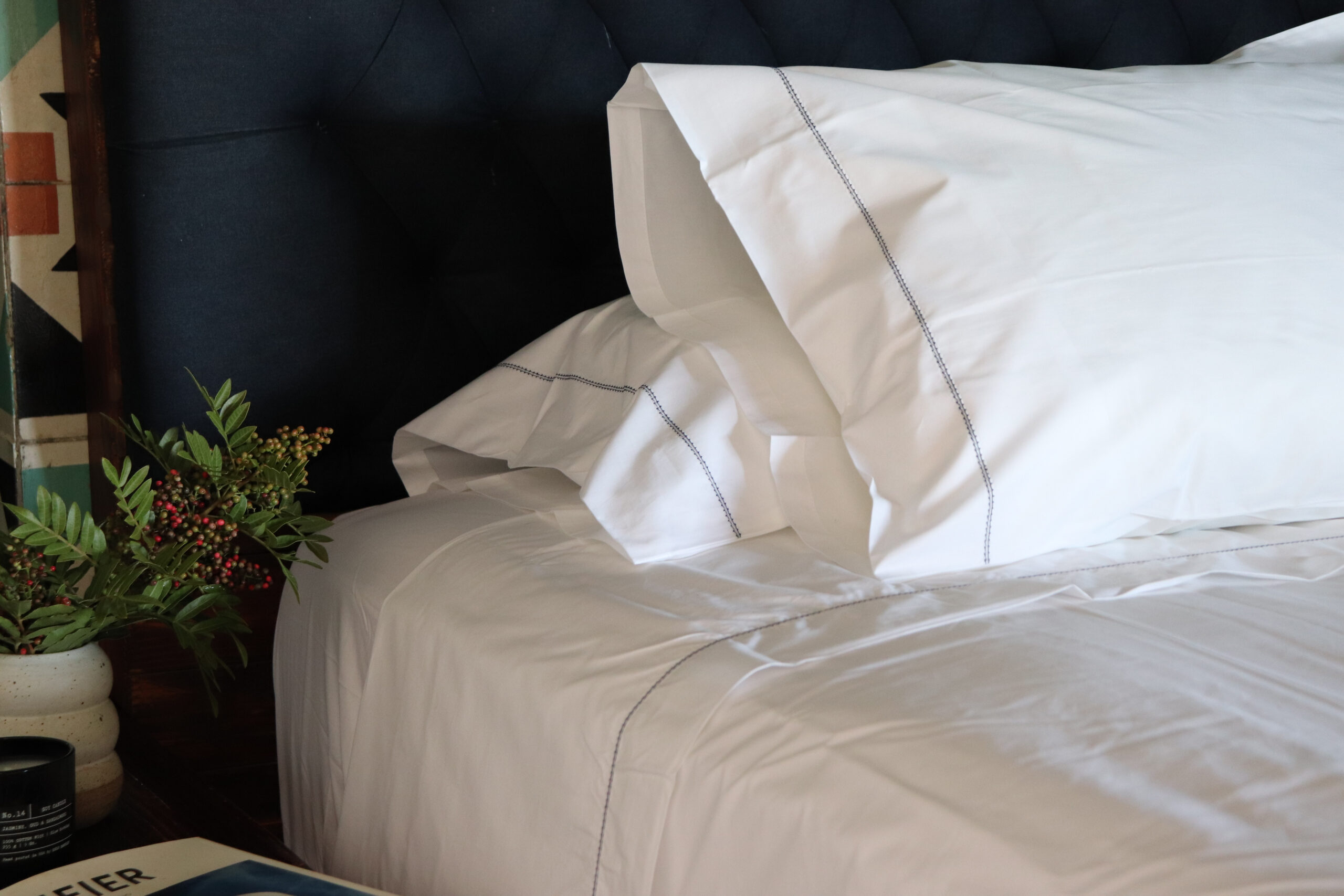 White Percale Navy Hemstitch Sheets 500 thread count hotel sheets 