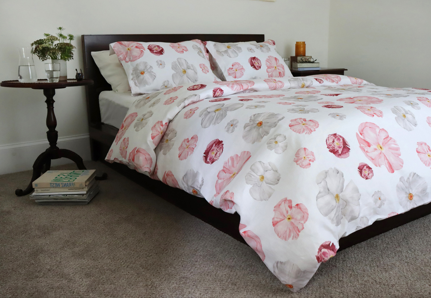 Poppy Floral Print Linen Duvet Cover Red and White