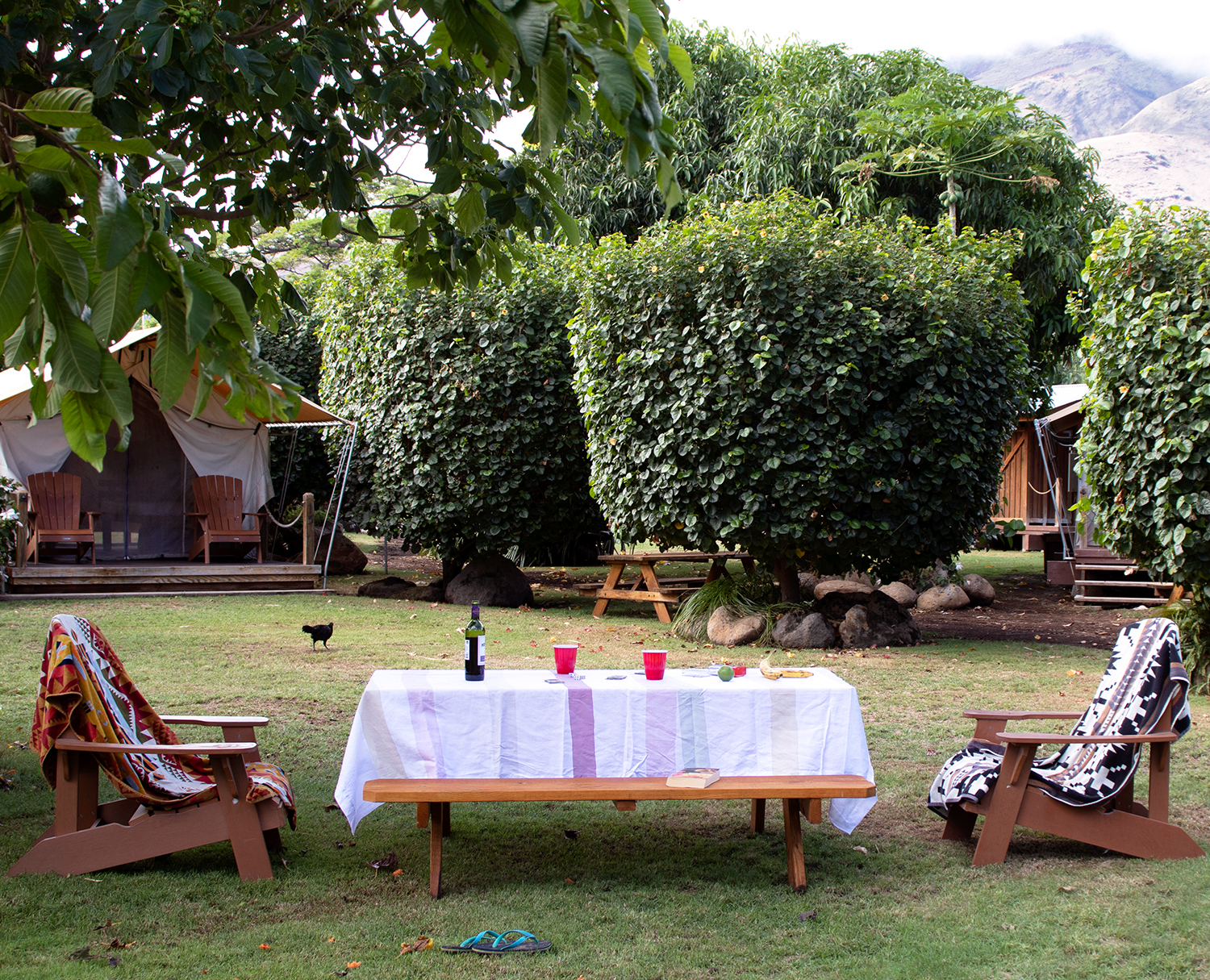 White tablecloth with pastel stripes pink green yellow