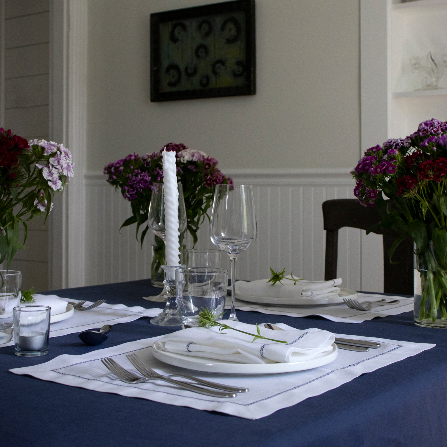 Navy Blue Linen Tablecloth 
