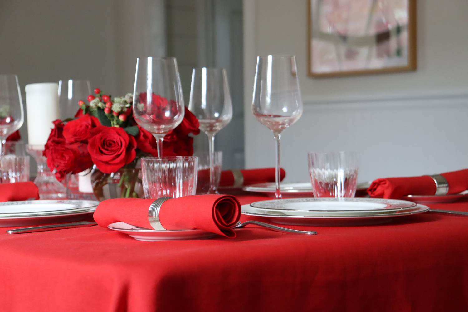 Bright red linen tablecloth 