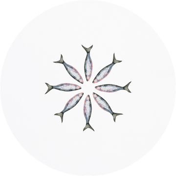 Huddleson fish print round linen tablecloth. Circle of oversize mackerel on this artistic, quirky pure linen tablecloth.