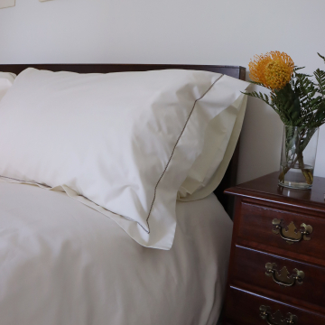 Ivory luxury cotton pillow sham percale brown trim hemstitch 