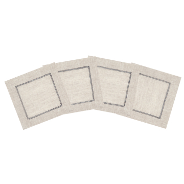 Natural Linen Cocktail Napkin with Charcoal Contrast Hemstitch