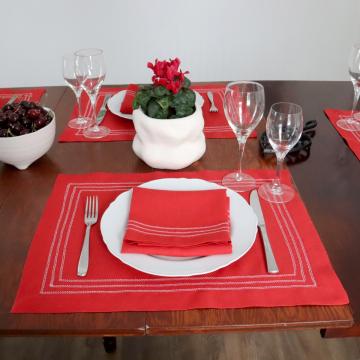 True Red Napkin with White Triple Hemstitch