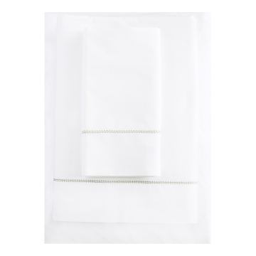 White 500TC Cotton Percale Sheet Set - Green Hemstitch