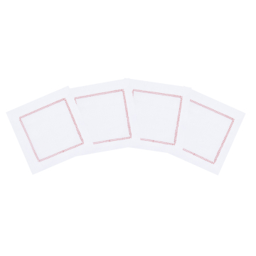 White Linen Cocktail Napkin with Red Contrast Hemstitch