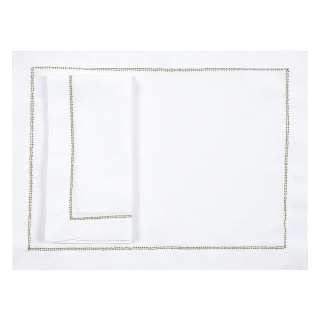 White Linen Placemat with Sage Green Contrast Hemstitch