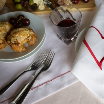 White Linen Table Runner with Red Contrast Hemstitch