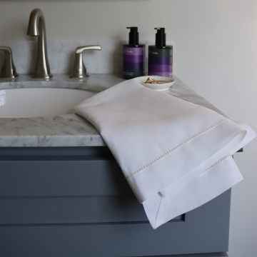 White Linen Hand Towel / Tea Towel with Gold Contrast Hemstitch