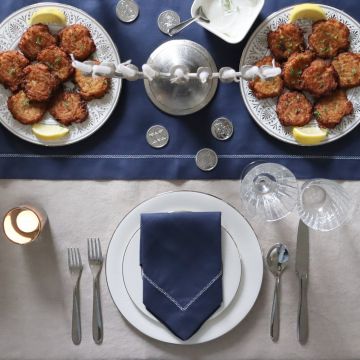 Navy Blue Linen Table Runner with Ivory Contrast Hemstitch