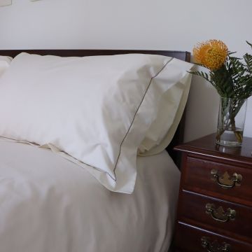 Ivory luxury cotton pillow sham percale brown trim hemstitch 