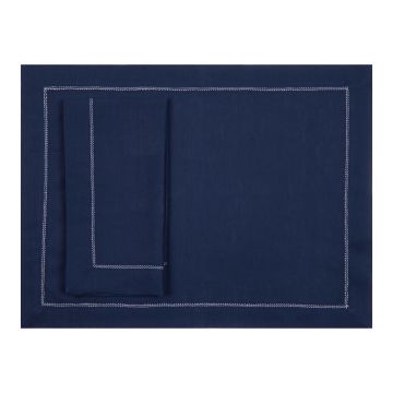 Navy Blue Linen Placemat with Ivory Contrast Hemstitch
