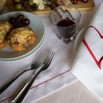 White Linen Table Runner with Red Contrast Hemstitch