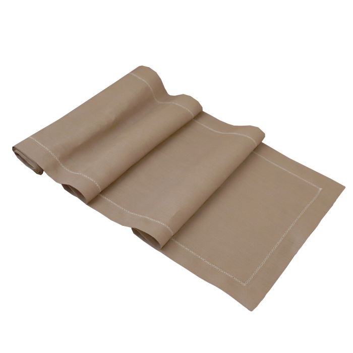 Coffee Brown Hemstitched Linen Table Runner Ivory Trim 