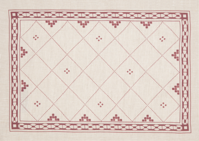 Huddleson red and natural linen placemat with moroccan bohemian casual modern print