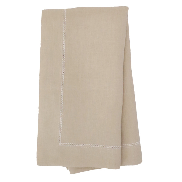 Camel gold linen napkin with white hemstitch