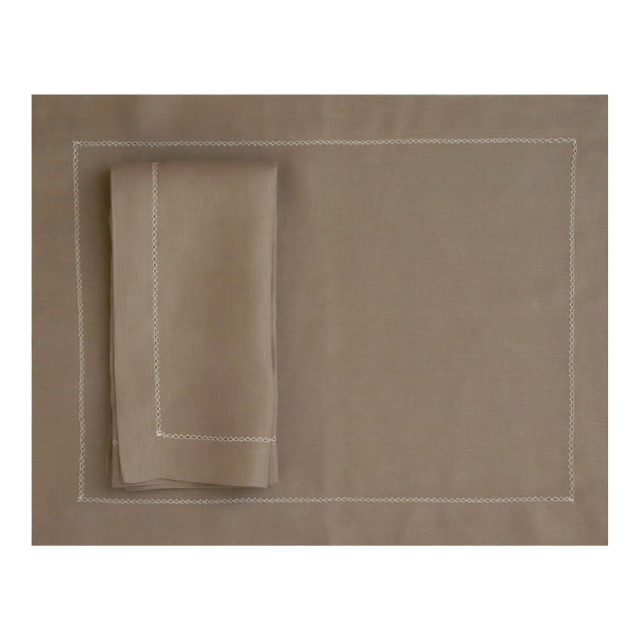 Coffee brown hemstitched linen placemat with ivory trim