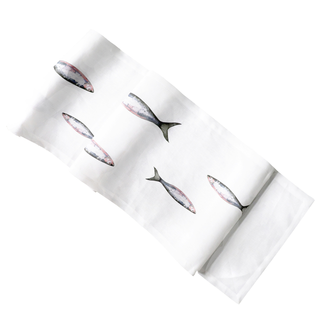 Huddleson white linen table runner with fish print