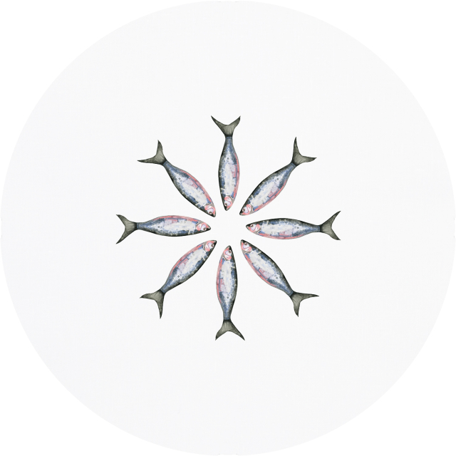 Huddleson fish print round linen tablecloth. Circle of oversize mackerel on this artistic, quirky pure linen tablecloth.