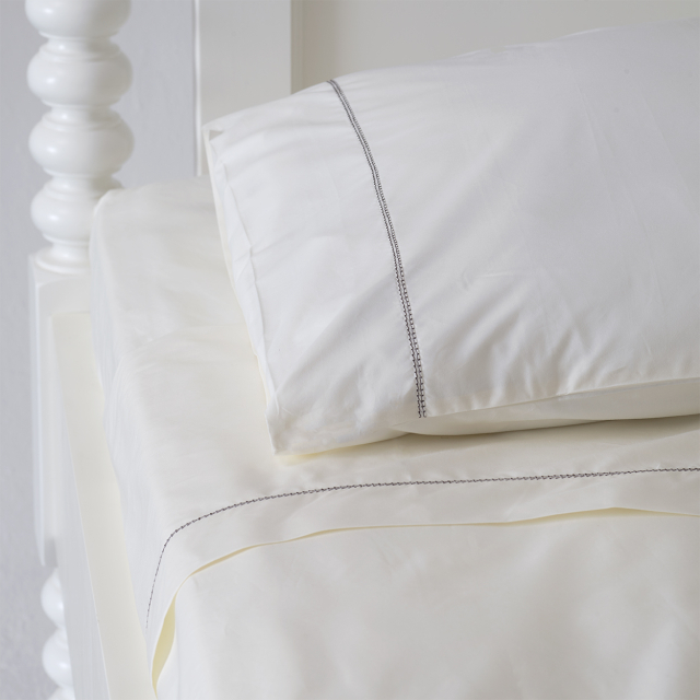 Ivory cotton top sheet brown trim hemstitch