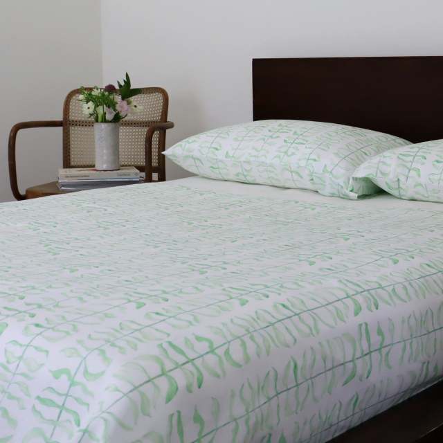 White linen sheet set watercolor green leaf print botanical 