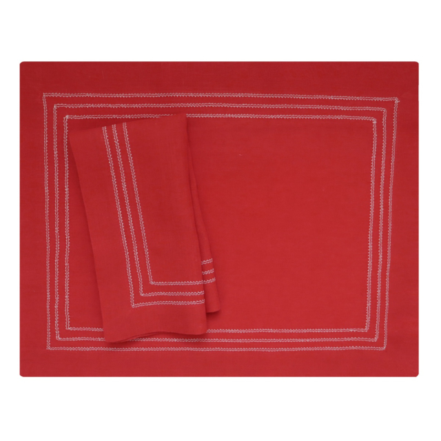 Red linen placemat white trim triple hemstitch Italian luxury