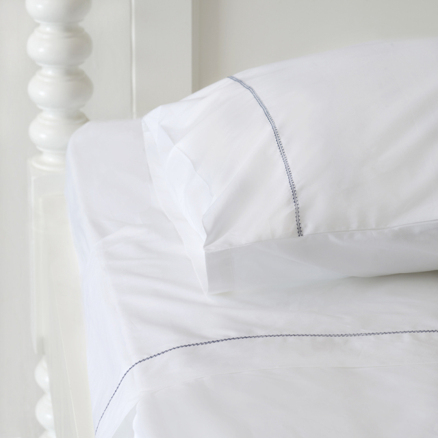 White 500TC Cotton Percale Pillowcase (Pair) - Navy Blue Hemstitch