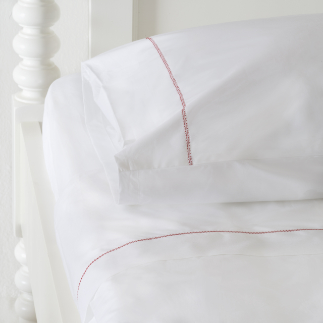 White 500TC Cotton Percale Pillowcase (Pair) - Red Hemstitch