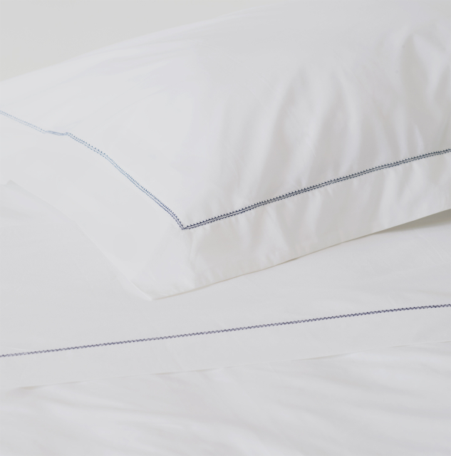 White 500TC Cotton Percale Sham (Pair) - Navy Blue Hemstitch