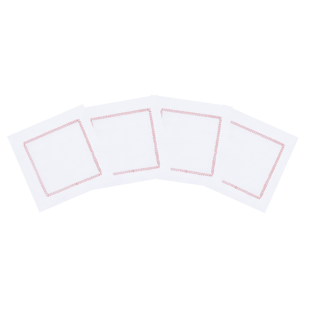 White Linen Cocktail Napkin with Red Contrast Hemstitch