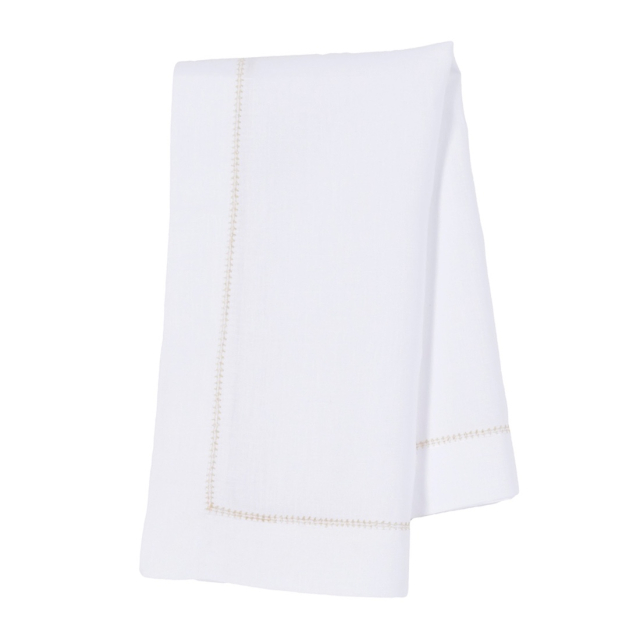 White linen napkin gold trim hemstitch