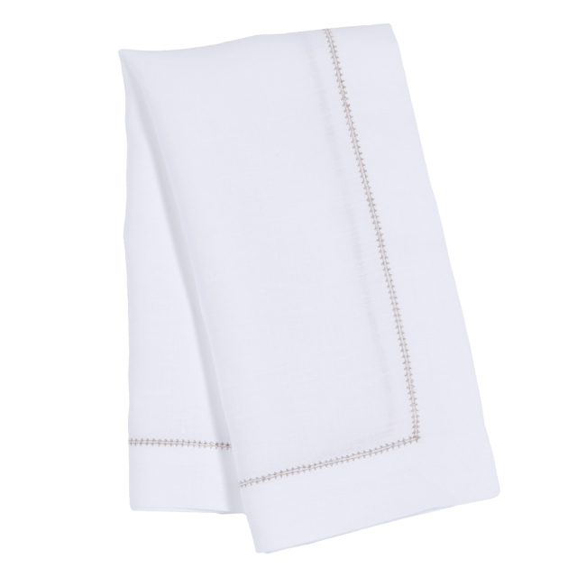 White Linen Napkin with Tan Brown Contrast Hemstitch