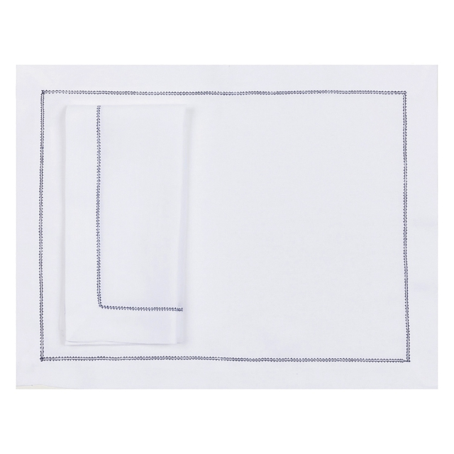 White hemstitched linen placemat navy blue trim