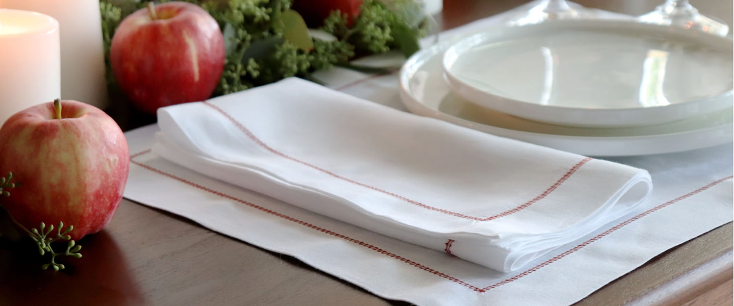 White Linen Napkin & Placemat with Red Hemstitch